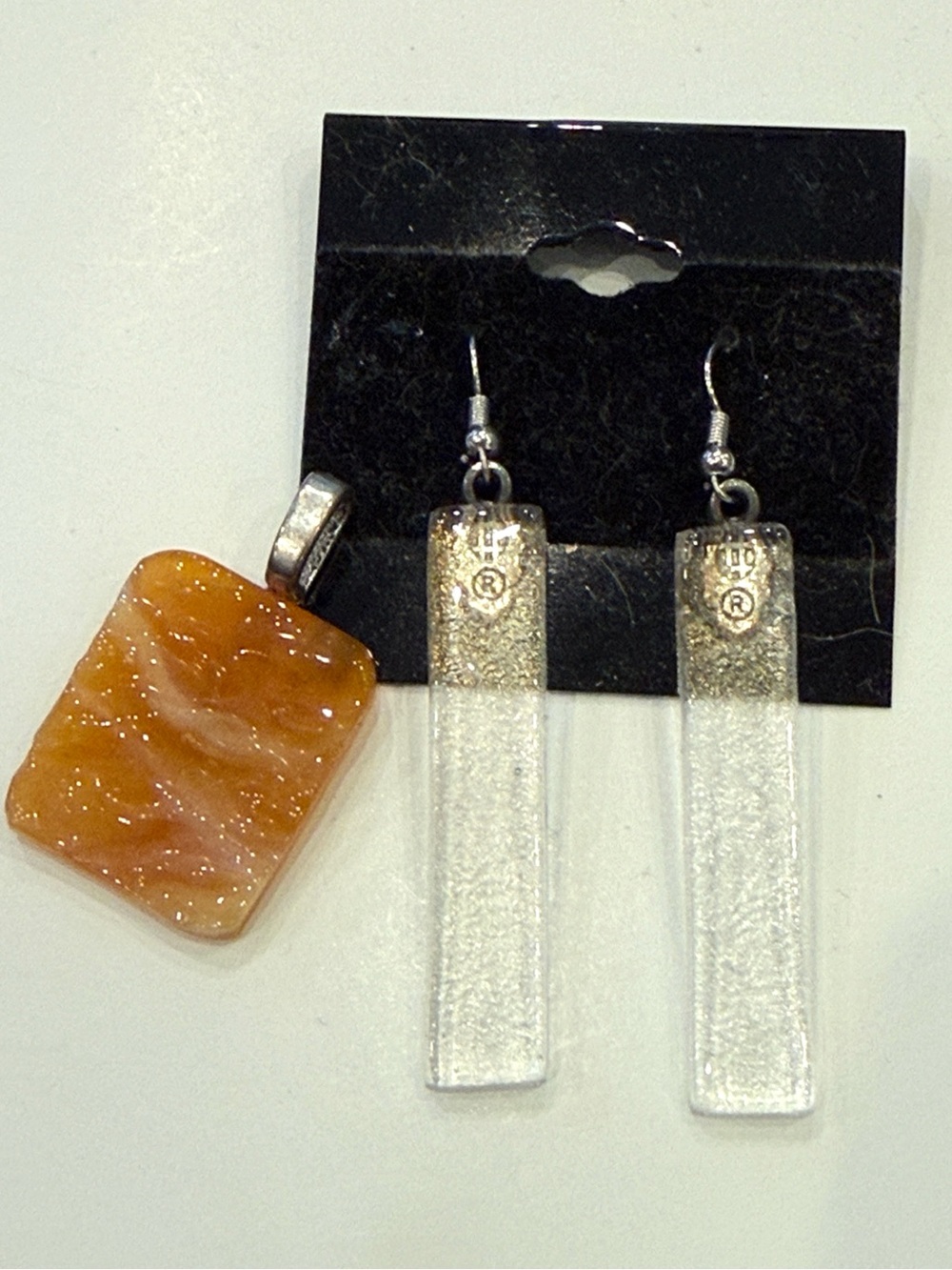 Artisan Fused Glass Pendant & Earrings Set Amber Gold Sparkle Handmade Jewelry
